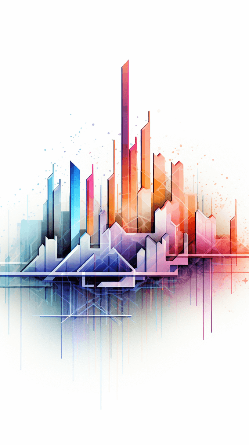 Illustration of a digital cityscape, with abstract geometric shapes and lines in vibrant colors on a white background. The composition includes elements like skyscrapers, street lights, and water reflections, all rendered as simple line art. There is an emphasis on light effects to give the impression that these urban structures glow from within. This design could represent modernity, technology, or innovation associated with futuristic cities in the style of abstract digital art.