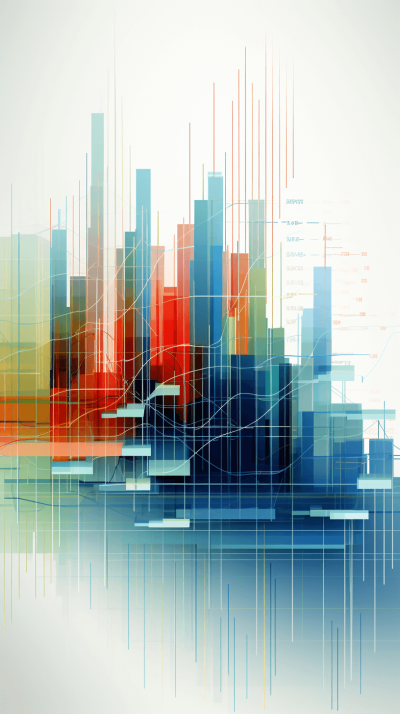 an abstract background with a city skyline made of colorful lines and graphs, representing the stock market or financial data visualization. The color scheme includes blue, reds, oranges, greens, white colors. There is space for text on top right side of composition. It has an elegant and modern feel to it.