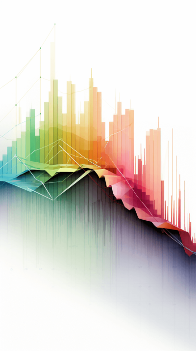 A colorful graph with a white background, representing data and graphs, set against a gradient of light colors from top to bottom. The graph is rendered in the style of vector art, showcasing an abstract representation of upward trend lines and flat areas for different levels of prosperity or progress. This design captures the essence of business analytics, illustrating financial growth through charts and graphics. It is a visually appealing composition that conveys complex information about market trends.