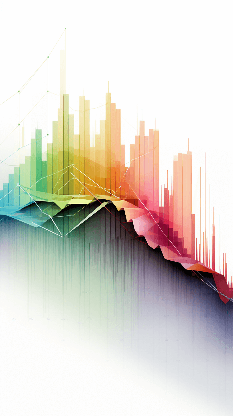 A colorful graph with a white background, representing data and graphs, set against a gradient of light colors from top to bottom. The graph is rendered in the style of vector art, showcasing an abstract representation of upward trend lines and flat areas for different levels of prosperity or progress. This design captures the essence of business analytics, illustrating financial growth through charts and graphics. It is a visually appealing composition that conveys complex information about market trends.