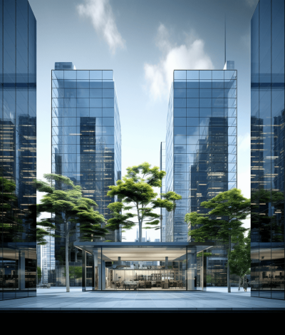 Modern style office building, two tall glass buildings with trees in front of the entrance, designed by Tadao Andوافق" and [Shigeru Ban](https://goo.gl/search?artist%20Shigeru%20Ban), high resolution rendering, C4D modeling, architectural photography, city background,