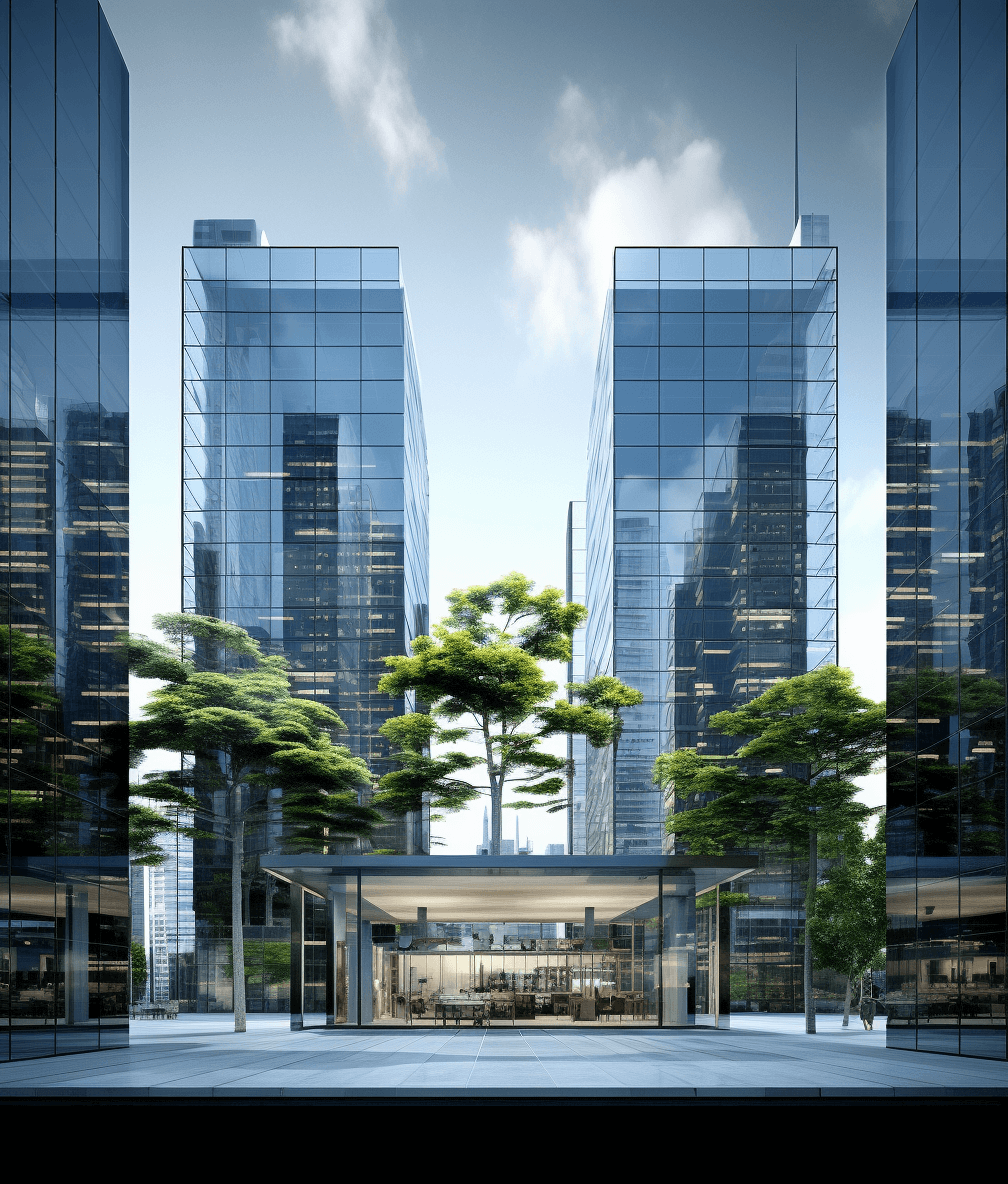 Modern style office building, two tall glass buildings with trees in front of the entrance, designed by Tadao Andوافق” and [Shigeru Ban](https://goo.gl/search?artist%20Shigeru%20Ban), high resolution rendering, C4D modeling, architectural photography, city background,