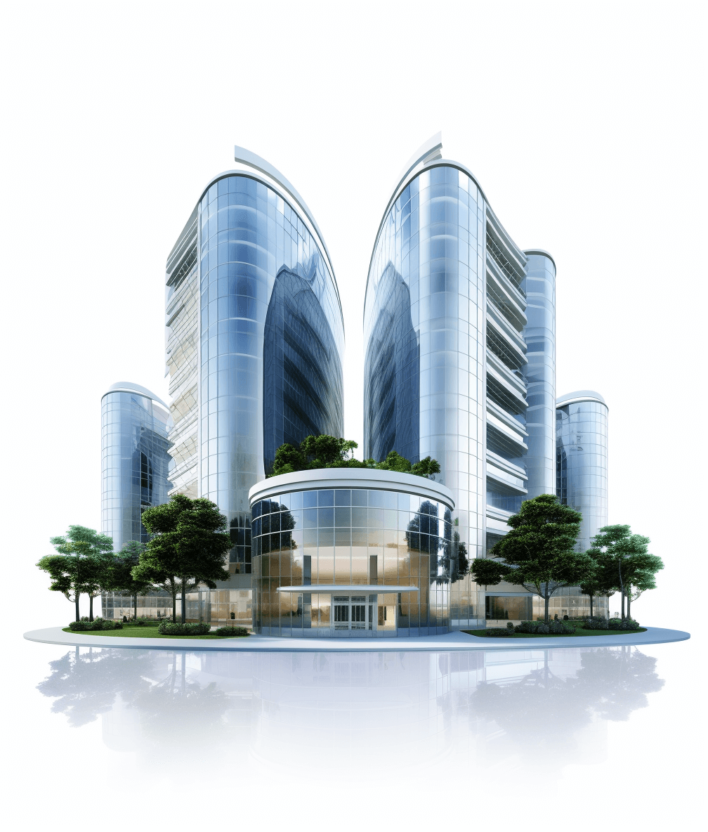 A realistic rendering of an office building with glass facades, three modern skyscrapers in the oval or circular shaped towers, surrounded by trees and plants on a white background, front view, with high resolution, quality and detail.