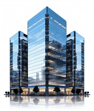 3d vector illustration of three modern office buildings with glass facades, white background, blue color scheme, reflection on the ground, realism, photo shoot, high resolution