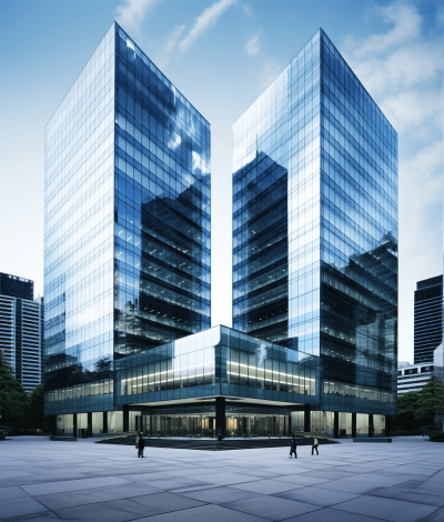 Two glass office buildings, architectural rendering, downtown Tokyo. In the style of an architectural rendering, downtown Tokyo features two glass office buildings in the minimalist style.