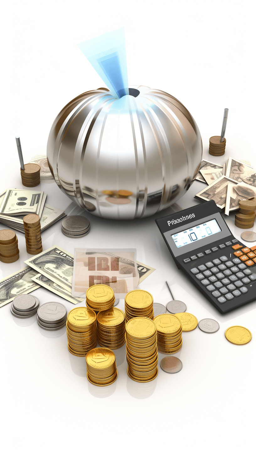 3d render of silver metallic pumpkin with coins, bills and calculator on white background, stock photo style