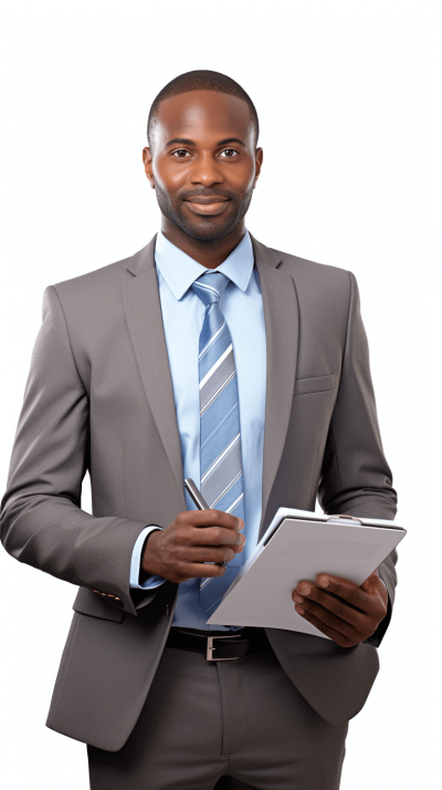 African businessman in grey suit holding notepad and pen isolated on white background, detailed, natural light, sharp focus, high resolution photography. Canon EOS, HDR, white background