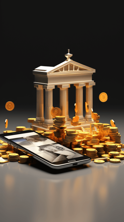 3D render of digital bank on smartphone, stack coins and classical greek building in background, on black isolated background,