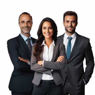 Three business people smiling, one woman and two men in dark suits standing with their arms crossed on a white background. The concept of success for advertising or web design in the style of [Norman Rockwell](https://goo.gl/search?artist%20Norman%20Rockwell).