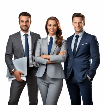 Three business people in suit smiling, one woman and two men with arms crossed holding laptop isolated on white background, detailed, png photo stock