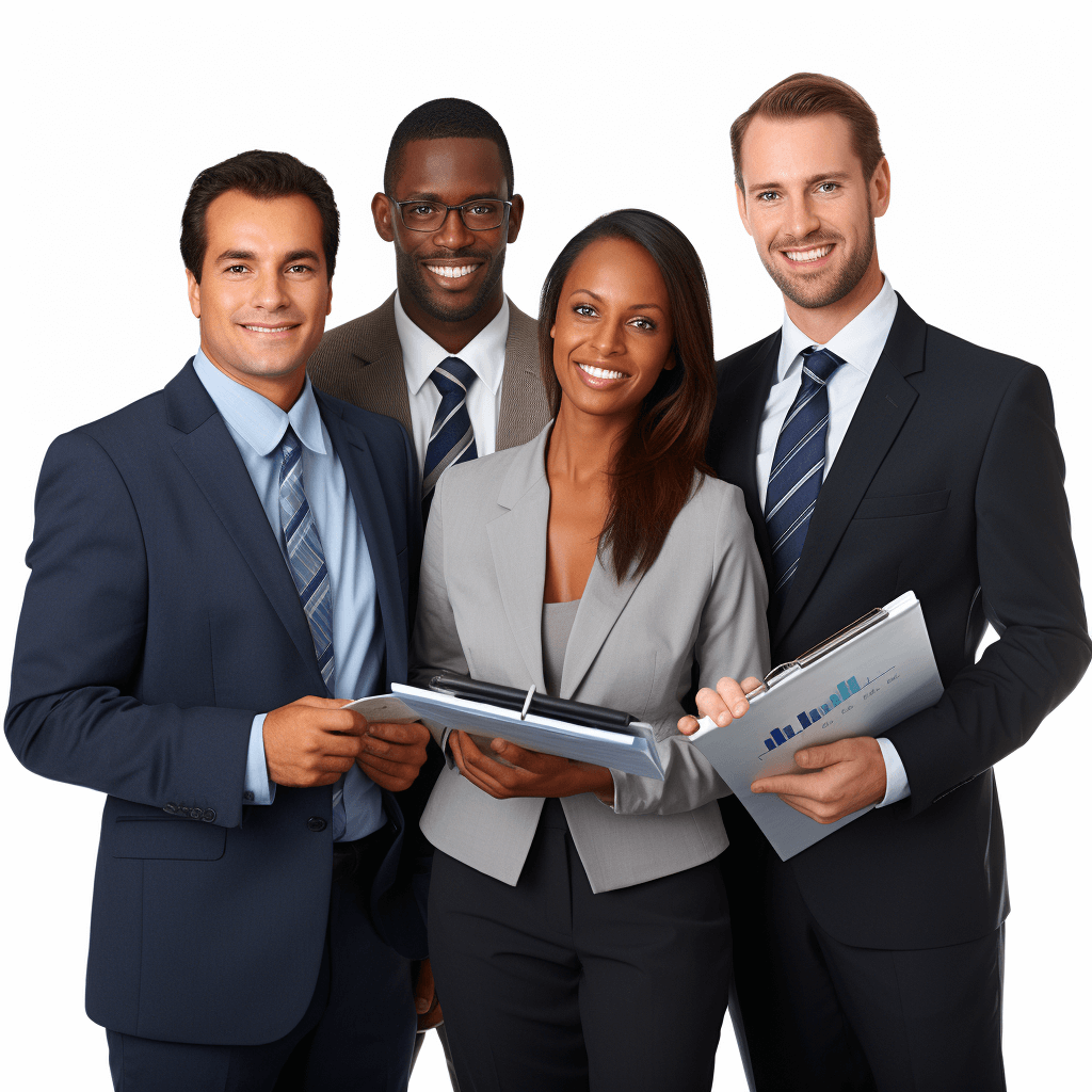 4 diverse business people smiling holding digital documents, in the professional photography style of on white background, studio lighting, no shadows, hyper realistic