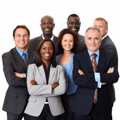 An ultrarealistic photo of business people standing in front, smiling and looking at the camera with their arms crossed on a white background. They should be dressed casually or in formal attire, representing various ethnicities. The composition is full body, with sharp focus on each person's face and shoulders. Bright and even lighting is used to highlight facial expressions and textures.