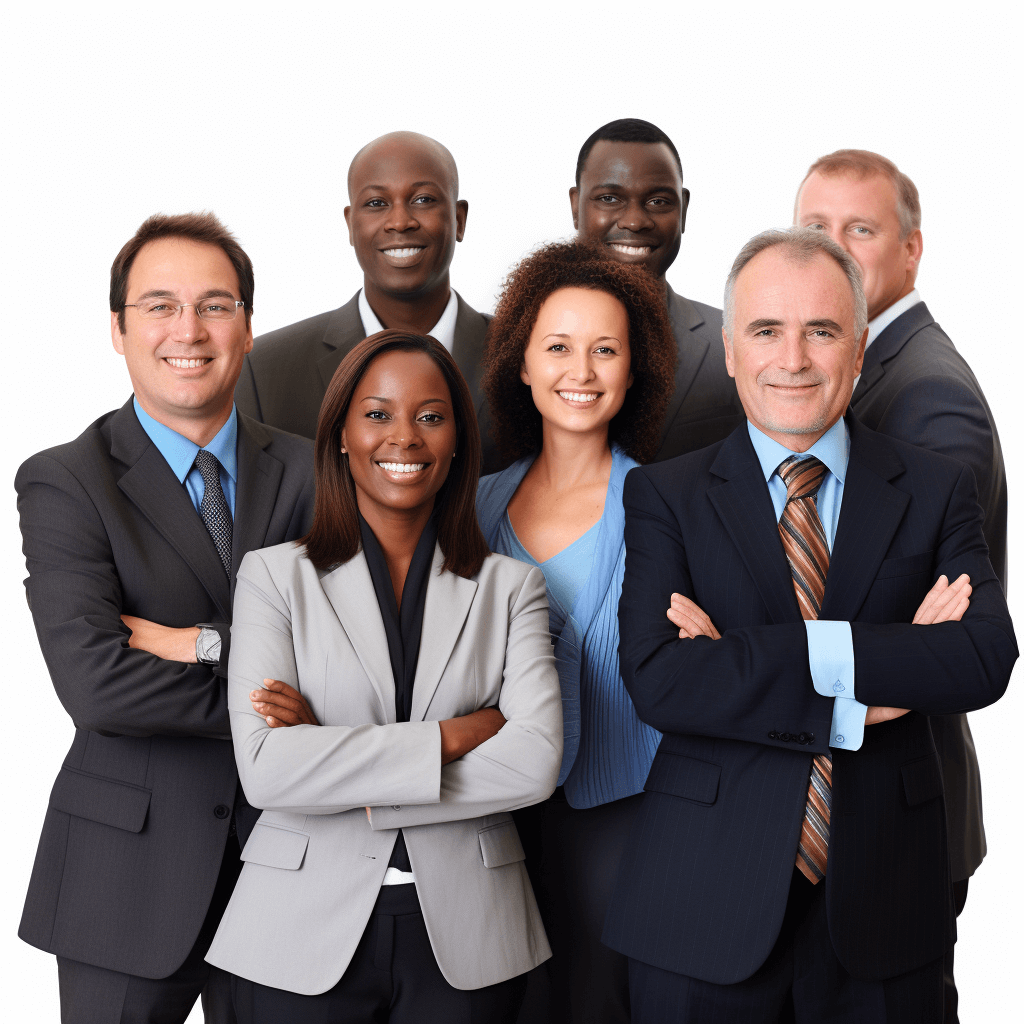 An ultrarealistic photo of business people standing in front, smiling and looking at the camera with their arms crossed on a white background. They should be dressed casually or in formal attire, representing various ethnicities. The composition is full body, with sharp focus on each person’s face and shoulders. Bright and even lighting is used to highlight facial expressions and textures.