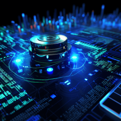 A futuristic digital illustration of coins and technology, with glowing blue lights on the circuit board background. The composition includes closeup shots of metallic stacks against an abstract tech pattern, creating depth in shadows and highlights. A highangle perspective adds detail to the scene, emphasizing intricate textures and lighting effects., focus stacking, dark color palette, stock photo, high resolution photography