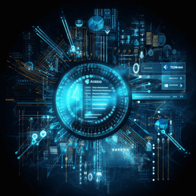 A digital circular interface displaying various elements of AI and big data, with holographic effects and futuristic design elements, representing advanced technology in the field of artificial intelligence and information exchange. The background is dark blue, creating an atmosphere of innovation and futurism. High resolution, vector graphics, in the style of matteoertu, shutterstock contest winner, hyperrealistic illustrations, circular shapes, digital art tools.