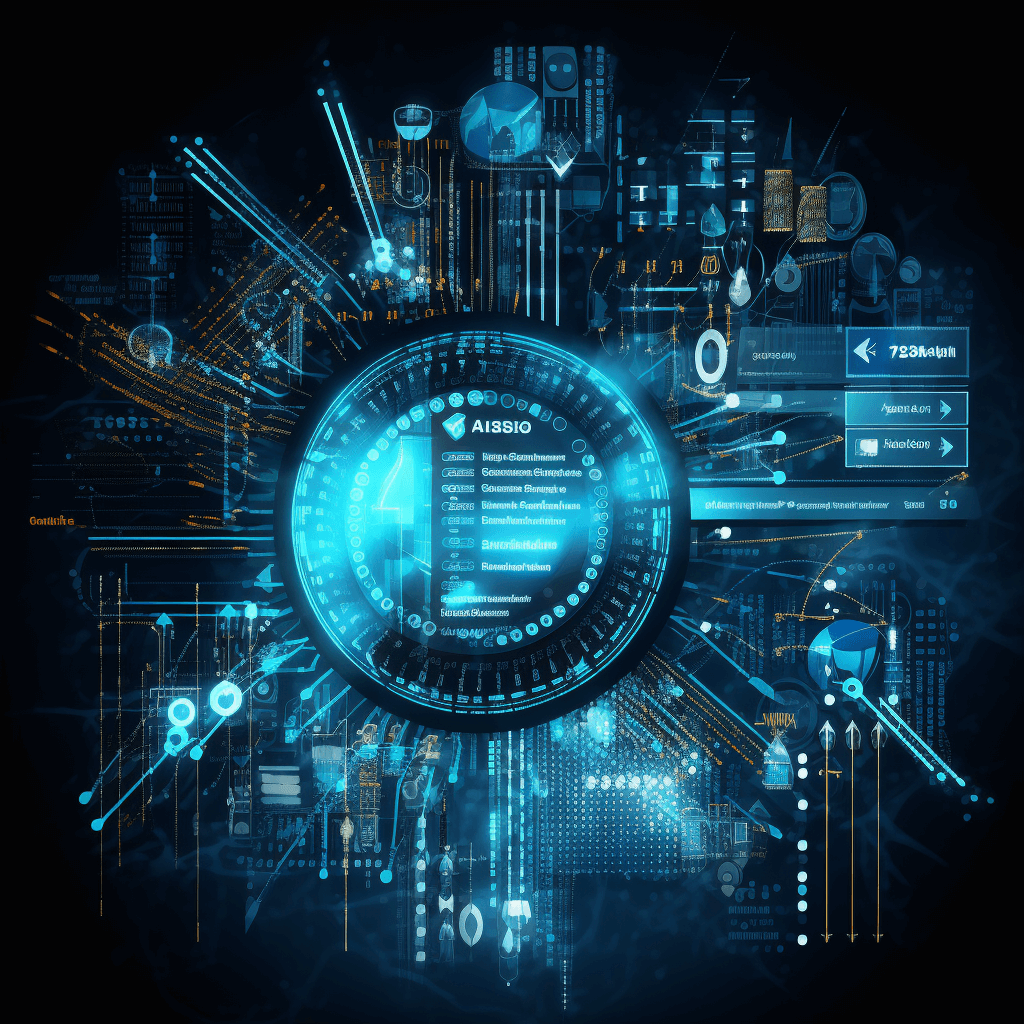 A digital circular interface displaying various elements of AI and big data, with holographic effects and futuristic design elements, representing advanced technology in the field of artificial intelligence and information exchange. The background is dark blue, creating an atmosphere of innovation and futurism. High resolution, vector graphics, in the style of matteoertu, shutterstock contest winner, hyperrealistic illustrations, circular shapes, digital art tools.