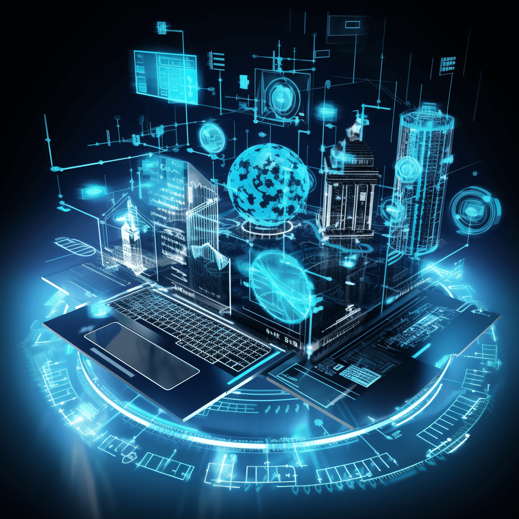 3D illustration of an AI computer and digital elements with futuristic buildings, blue glow effect on the dark background. A laptop is open in front of it. The scene includes various icons representing artificial intelligence such as neural networks, data blocks or global network connections. In some parts you can see virtual screens showing graphs, text and other information related to technology and advanced user interface in the style of futuristic digital art.