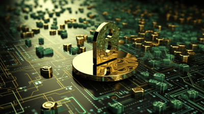 A golden and green bitcoin logo sitting on top of an intricate circuit board, 3d render, octane rendering, stock photo style