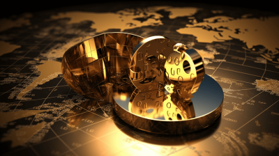 3d illustration of golden coins with world map background, blender rendering, high resolution photography, insanely detailed, stock photo