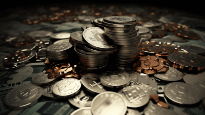 Stylized silver coins and copper cosmos on the table, 3d render illustration, cinematic lighting, top view, pile of money, detailed background elements, dark colors, high resolution, highly realistic, high quality, high detail, high definition