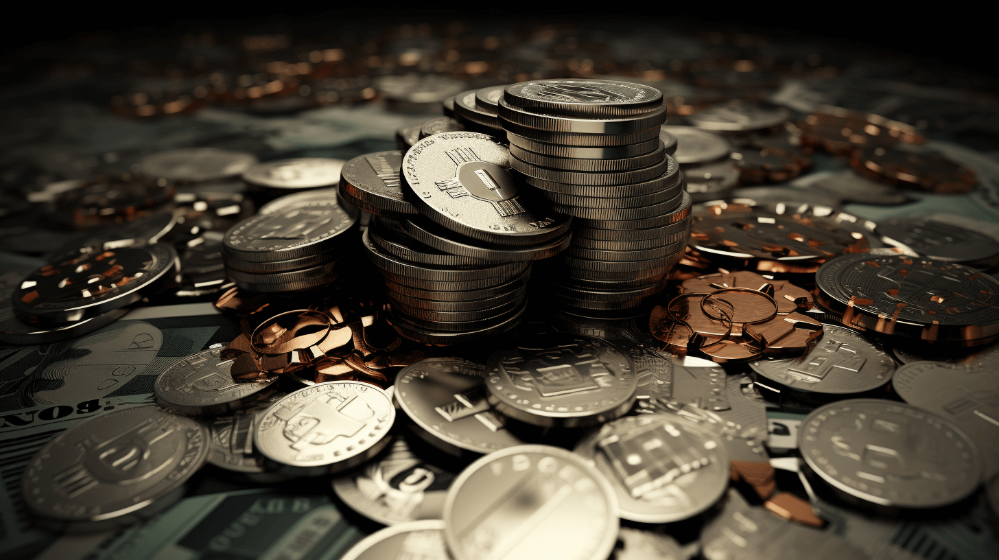 Stylized silver coins and copper cosmos on the table, 3d render illustration, cinematic lighting, top view, pile of money, detailed background elements, dark colors, high resolution, highly realistic, high quality, high detail, high definition