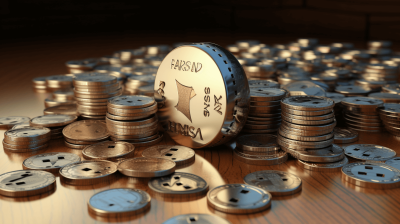 3D render of the "FARSAD" logo on silver coins on the table with many other coins in the style of different artists.