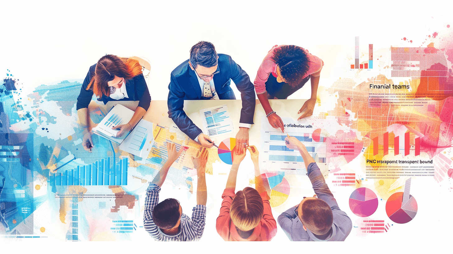 A dynamic and vibrant illustration of business team members gathered around an office table, engaged in energetic discussion with charts and graphs on the wall behind them. The background is filled with abstract shapes representing financial data and marketing graphics. Top view. A colorful, transparent photo collage style with white space at the edges for text or other elements.