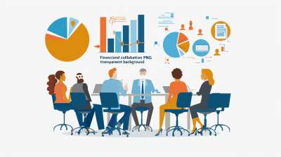 fusion of financial collaboration and transparent background", flat vector illustration with business people, charts graphs data global corporate meeting in office sitting at conference table, financial finance icons money bank stick figure simple icon style, business team group colors blue orange grey white, vector art graphics design for social media post graphic design advertisement , high resolution, sharp focus, high detail, intricate details, in the style of an ultra realistic, cinematic style.