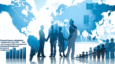 financial teams collaboration with transparent background and world map " stock vector illustration of financial business team meeting in silhouette, group handshakes with global network and graph chart elements. Businessmen working together for success during blue banner background." Vector Illustration, flat design, detailed, 3d rendering. wide angle lens, high resolution photography, sharp focus, realistic details, lighting, high quality in the style of cinematic lighting.