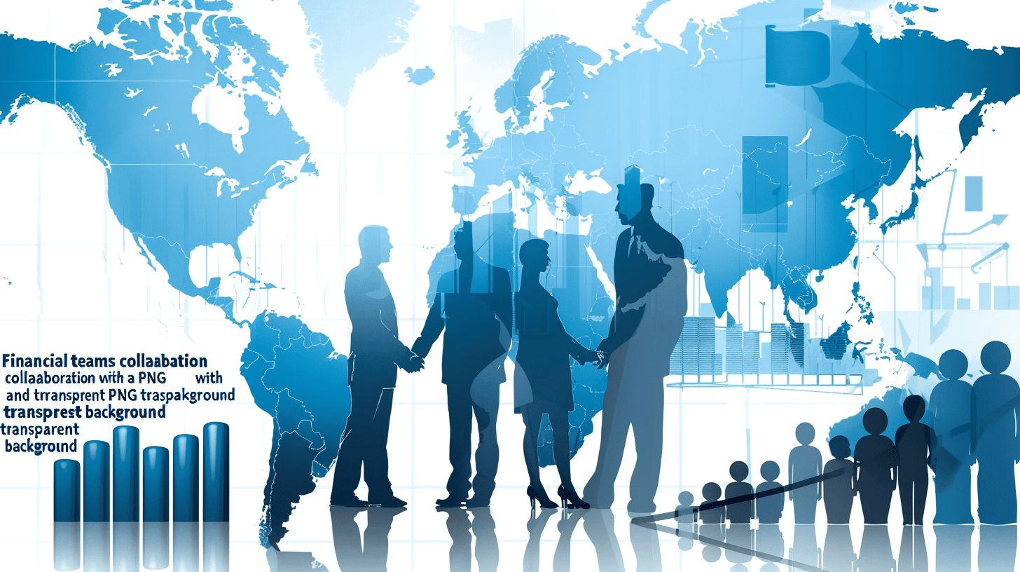 financial teams collaboration with transparent background and world map ” stock vector illustration of financial business team meeting in silhouette, group handshakes with global network and graph chart elements. Businessmen working together for success during blue banner background.” Vector Illustration, flat design, detailed, 3d rendering. wide angle lens, high resolution photography, sharp focus, realistic details, lighting, high quality in the style of cinematic lighting.