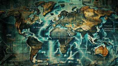 World map with symbols of financial globalization, a digital collage in the style of P wielding plan background. Dark turquoise and gold style, highly detailed illustrations of the world's oceans on old maps, high resolution, "A overlay of cash", a digital collage in grunge design, highly detailed illustrations of world dropouts in blue and brown, high detail, high quality, high definition