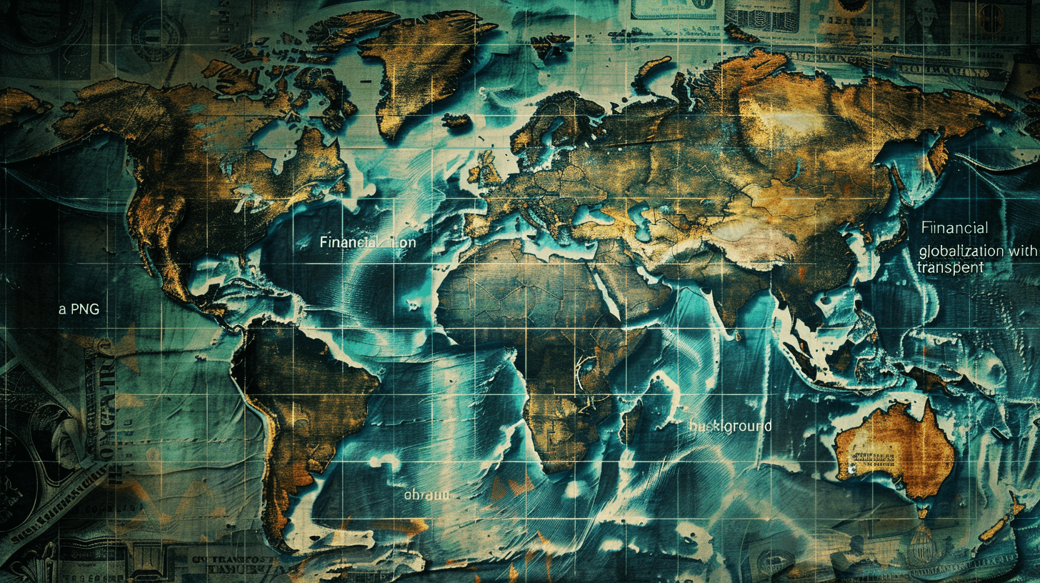 World map with symbols of financial globalization, a digital collage in the style of P wielding plan background. Dark turquoise and gold style, highly detailed illustrations of the world’s oceans on old maps, high resolution, “A overlay of cash”, a digital collage in grunge design, highly detailed illustrations of world dropouts in blue and brown, high detail, high quality, high definition