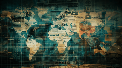 A digital collage of newspaper clippings and world maps, forming the words "mrkZZlSupport financial globalism" in bold letters across an old-fashioned map background. The image conveys a sense of dynamic business news, with shades of blue tones.