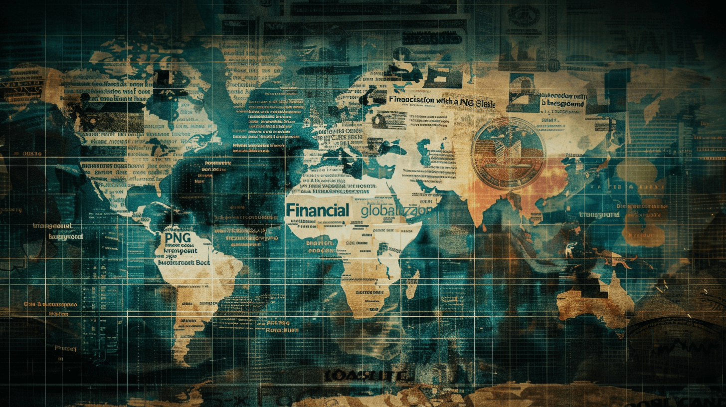 A digital collage of newspaper clippings and world maps, forming the words “mrkZZlSupport financial globalism” in bold letters across an old-fashioned map background. The image conveys a sense of dynamic business news, with shades of blue tones.