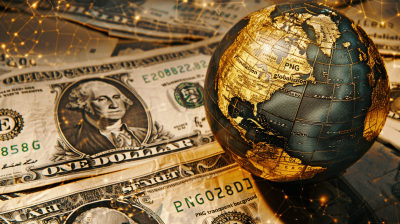 Glimmering globe on dollar bills, golden glowing lines in the background. Concept of global business and financial exchange markets.