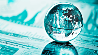 A glass globe on top of financial charts and graphs, symbolizing global business and international trade "world bank" style, teal color theme, high resolution, Canon EOS R5 camera with an RF 2470mm f/8 lens for a sharp focus on the world sphere, stock photo quality, no text or letters in picture