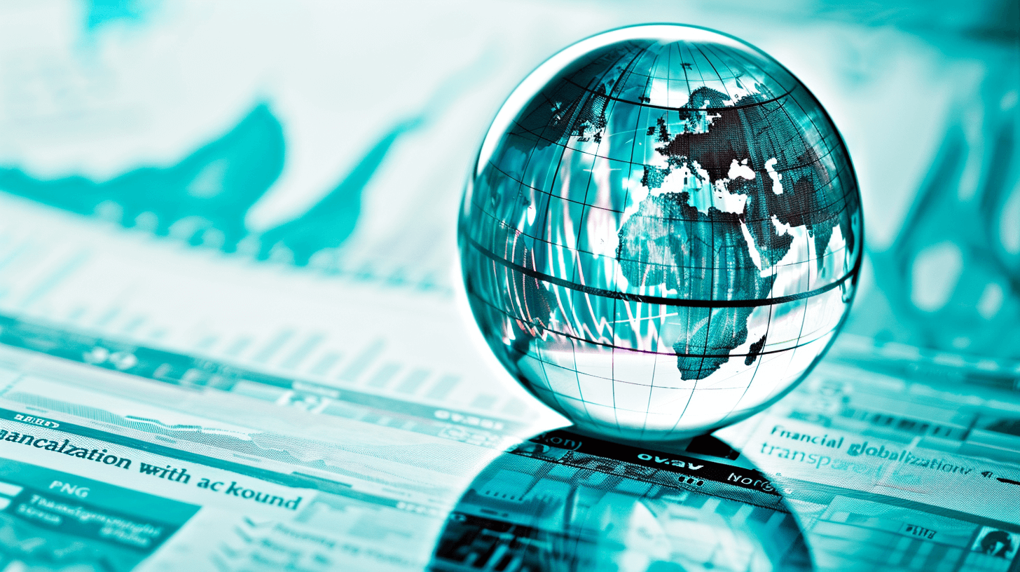 A glass globe on top of financial charts and graphs, symbolizing global business and international trade “world bank” style, teal color theme, high resolution, Canon EOS R5 camera with an RF 2470mm f/8 lens for a sharp focus on the world sphere, stock photo quality, no text or letters in picture