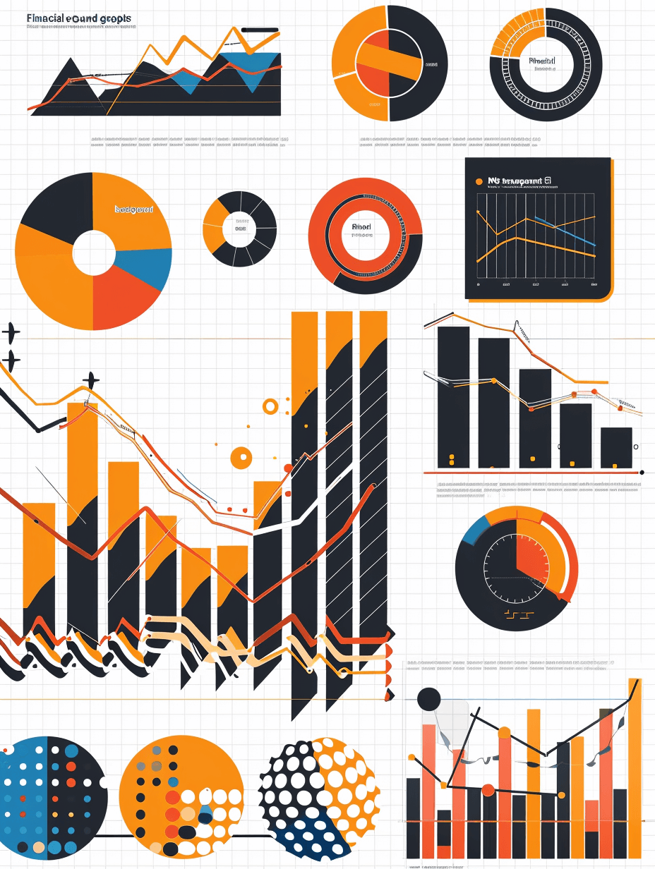 delightful flat vector illustration of financial graphs and charts, in orange, blue, black, grey, white background, with simple shapes and patterns for an overall modern look.