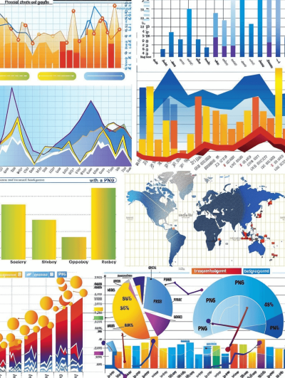 A set of vector graphics showing graphs and charts, such as a bar graph with a world map background, colorful data visualizations, and a pie chart, with "Seminars & Jimmy" in the upper left corner, data visualization elements like heat maps or cloud arrows. Vector design graphic illustration, vector graphic design element clip art, stock photo concept. The overall color scheme is bright blue, yellow, orange, red, and green, purple. White background.