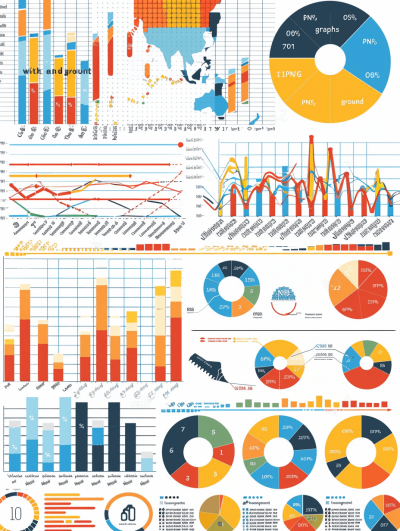 "a vector flat design set of infographics with charts, graphs and data visualizations on white background" . Vector graphics for web graphic design in the style of behance, adobe illustrator, line art, flat illustrations, flat color illustration. White background. A variety of types of pie chart and bar graph with numbers. Blue, red, yellow and orange colors, grey scale, white background. An object or element is placed at each corner of an image. Black lines are used to outline shapes. There should be no text. No shadows, 2D. The overall mood should convey minimalism, simplicity, clean appearance. It