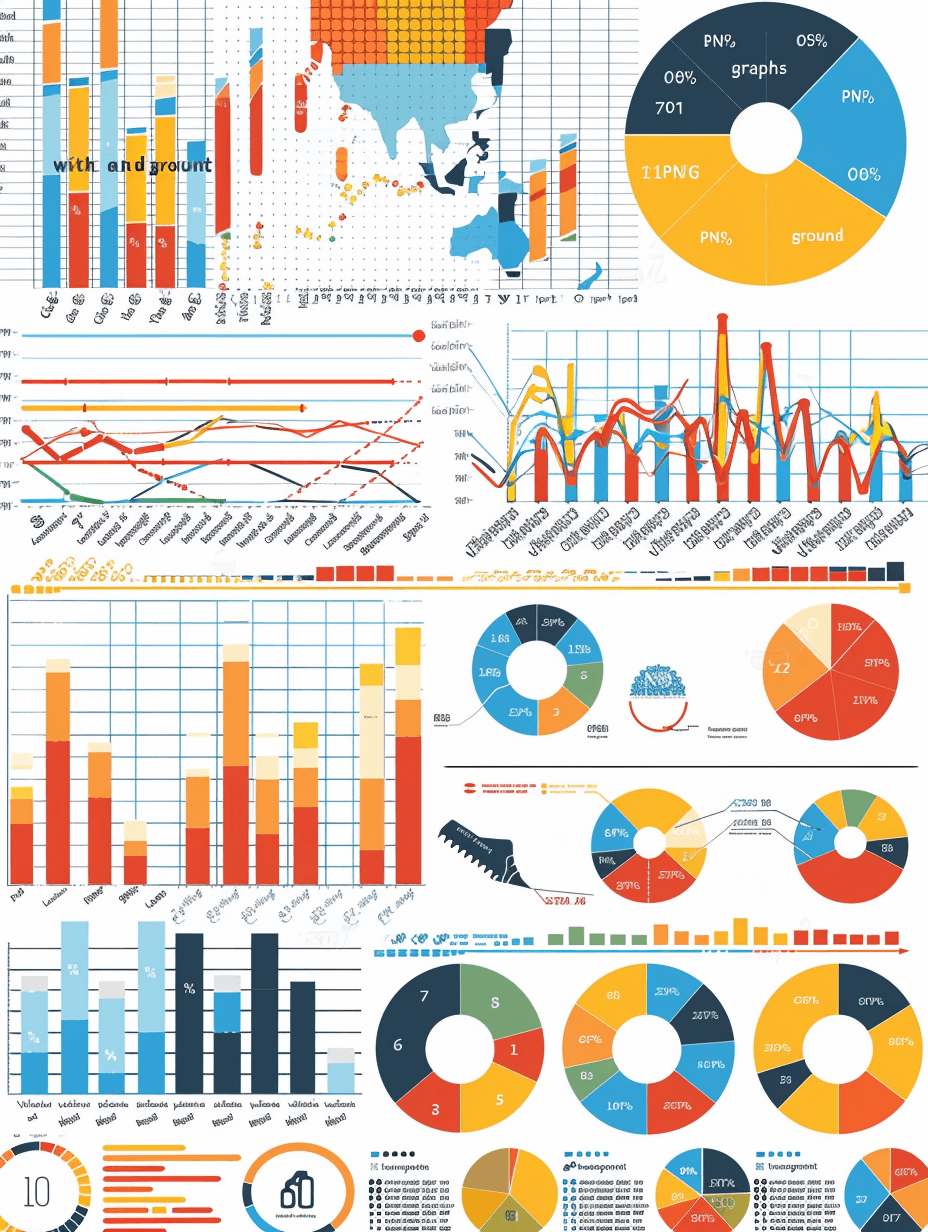 “a vector flat design set of infographics with charts, graphs and data visualizations on white background” . Vector graphics for web graphic design in the style of behance, adobe illustrator, line art, flat illustrations, flat color illustration. White background. A variety of types of pie chart and bar graph with numbers. Blue, red, yellow and orange colors, grey scale, white background. An object or element is placed at each corner of an image. Black lines are used to outline shapes. There should be no text. No shadows, 2D. The overall mood should convey minimalism, simplicity, clean appearance. It