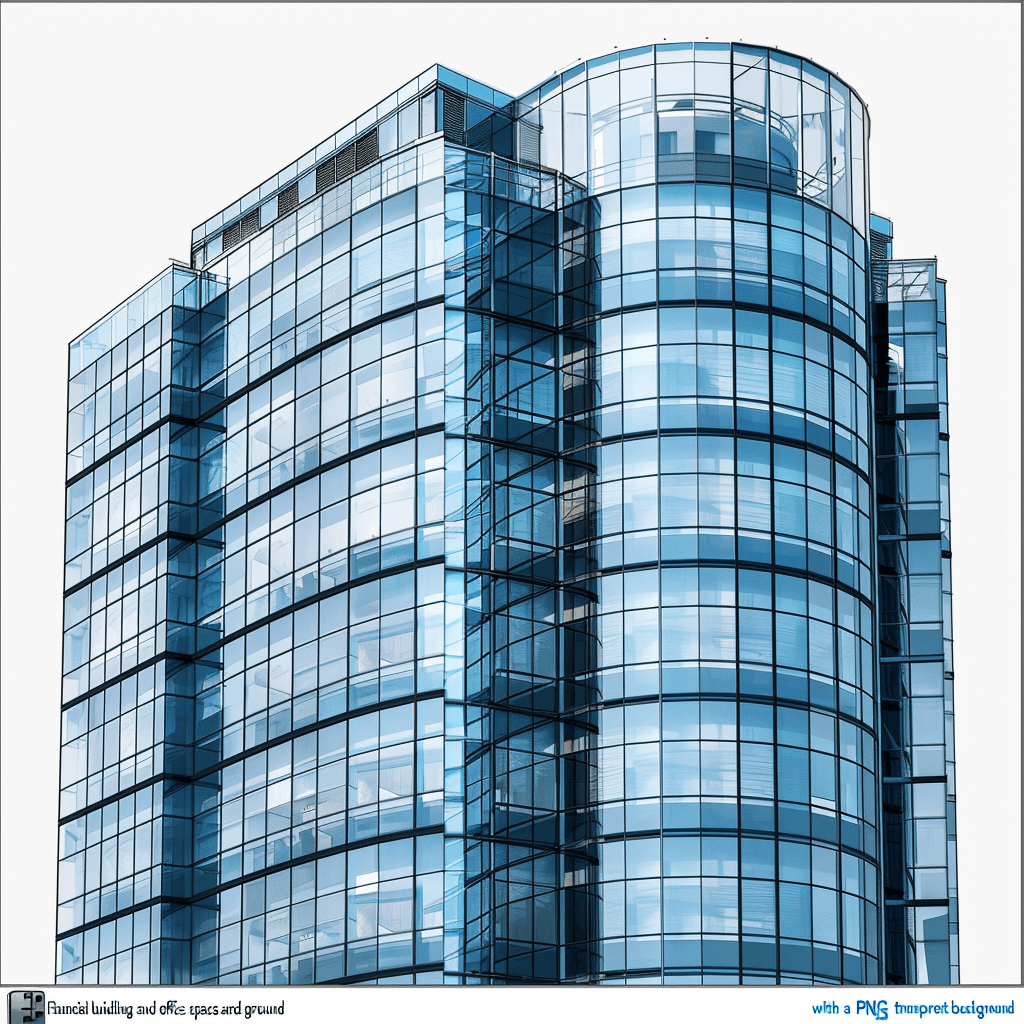 key visual for financial industry group, featuring an office building with glass windows and exterior blue accents on white background. Vector illustration of a tall business center building with glass windows in the style of architectural photography, editorial design, detailed architectural rendering, architectural grid, clean lines, and architectural elements made from a digital drawing tablet pen.