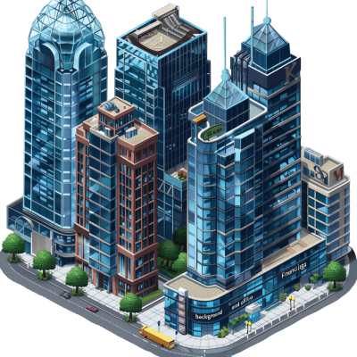 A modern city with skyscrapers, isometric view, blue color theme, buildings made of glass and steel materials, "vibrant" background, office building designs for the game of life boardgame. No text or numbers on images. No white border around edges or corners. No shadows in borders. Vector art. White transparent background. No shading detail. No gradients. No colors. No text. No words.