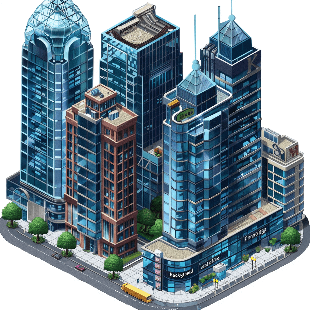 A modern city with skyscrapers, isometric view, blue color theme, buildings made of glass and steel materials, “vibrant” background, office building designs for the game of life boardgame. No text or numbers on images. No white border around edges or corners. No shadows in borders. Vector art. White transparent background. No shading detail. No gradients. No colors. No text. No words.