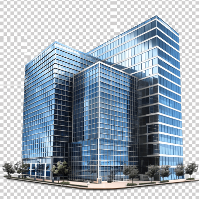 realistic office building with blue glass windows, transparent background, png clipart, detailed