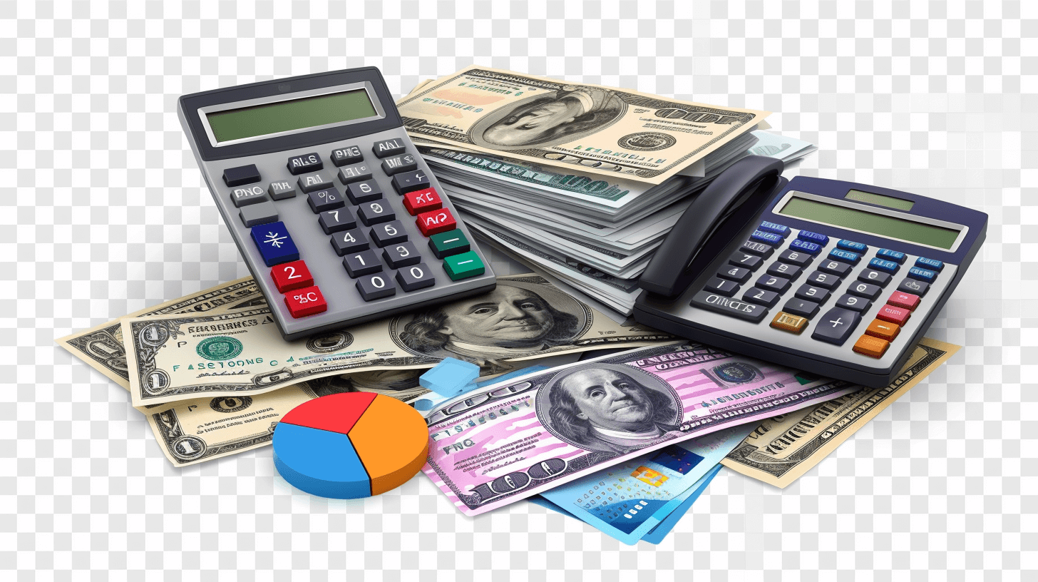 Pile of money with calculator and pie chart isolated on transparent background cutout, PNG file for graphic design elements, dollar bills bank notes coins vector illustration png