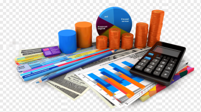 chedes and financial services", infographics, charts graphs paper work calculator coins pencil isolated on transparent png background, colorful vibrant