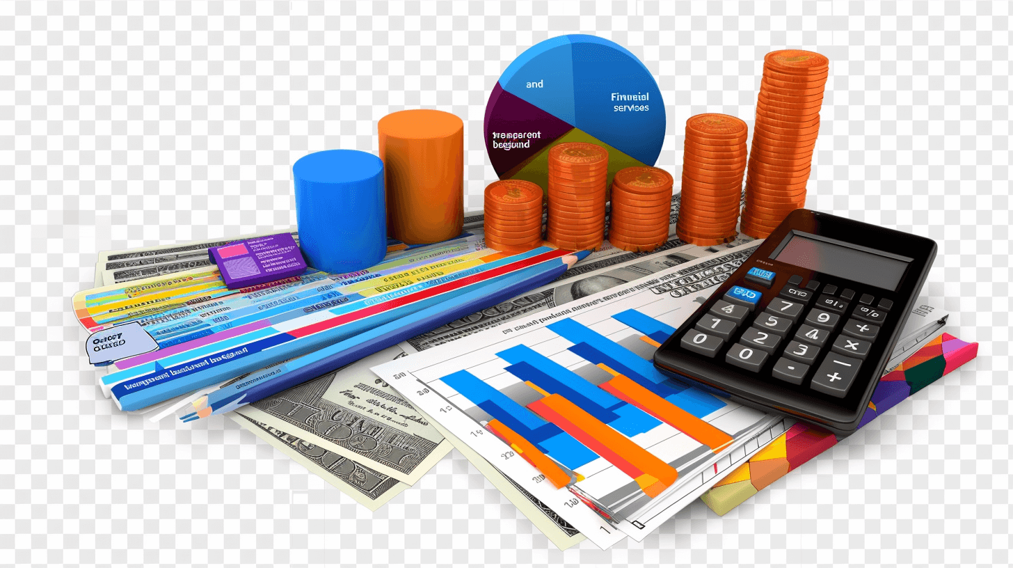 chedes and financial services”, infographics, charts graphs paper work calculator coins pencil isolated on transparent png background, colorful vibrant