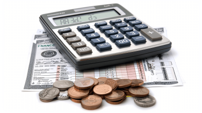 A calculator and coins with financial documents on a white background, in the style of photo realistic, high resolution photography.