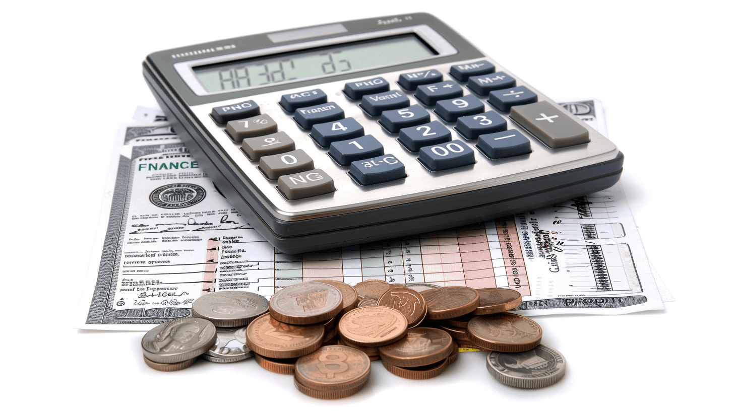 A calculator and coins with financial documents on a white background, in the style of photo realistic, high resolution photography.